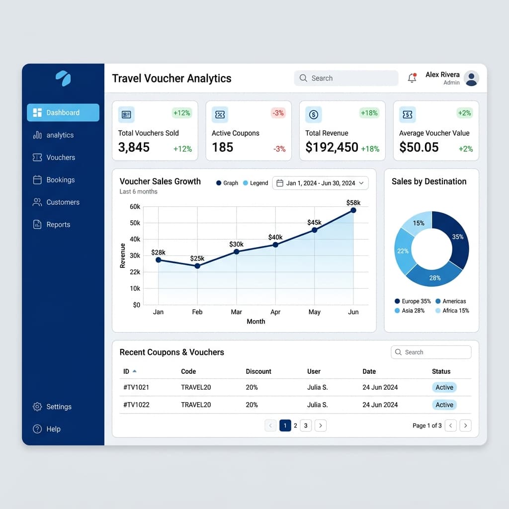 Admin system console dashboard illustration representing travel voucher management