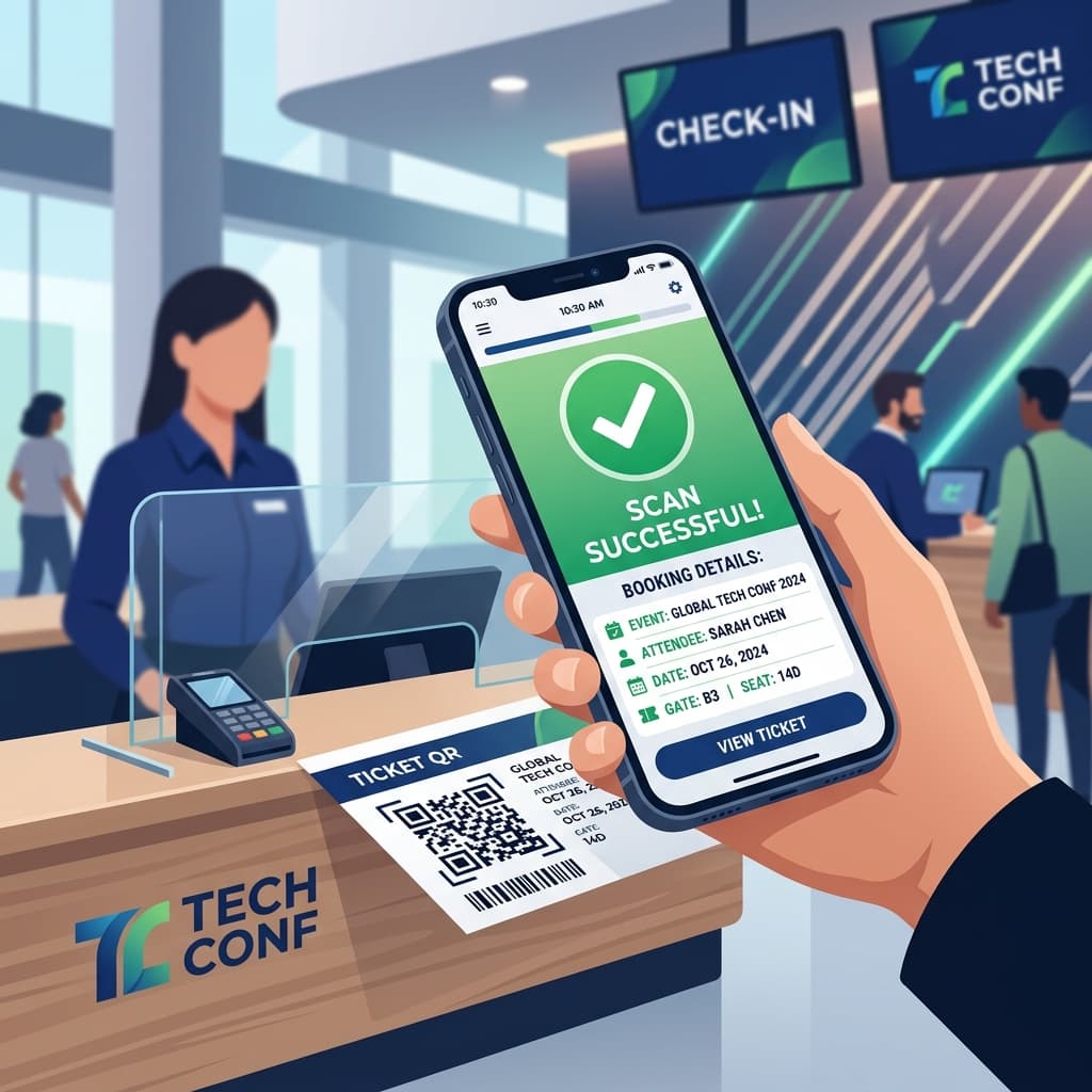 Staff hand holding smartphone scanning QR code at counter check-in desk
